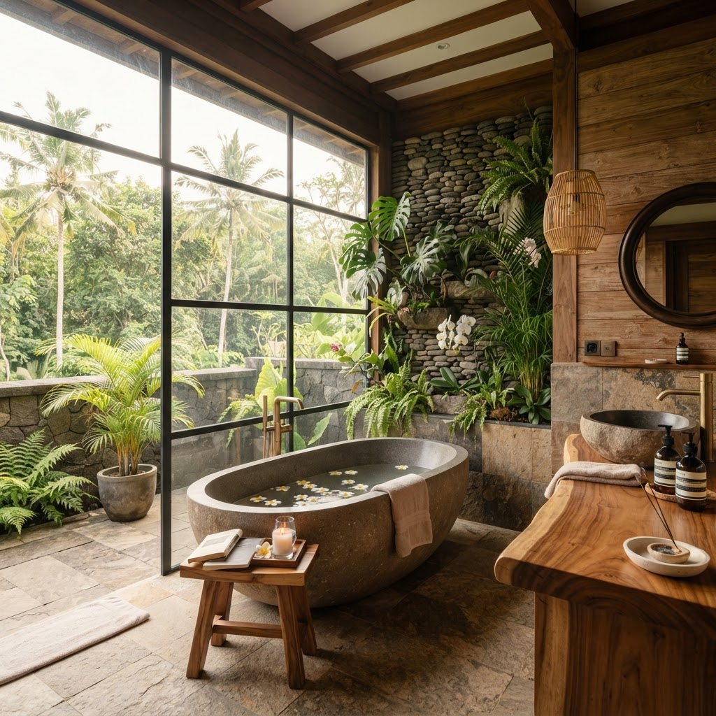 A spa-like bathroom with a freestanding stone bathtub