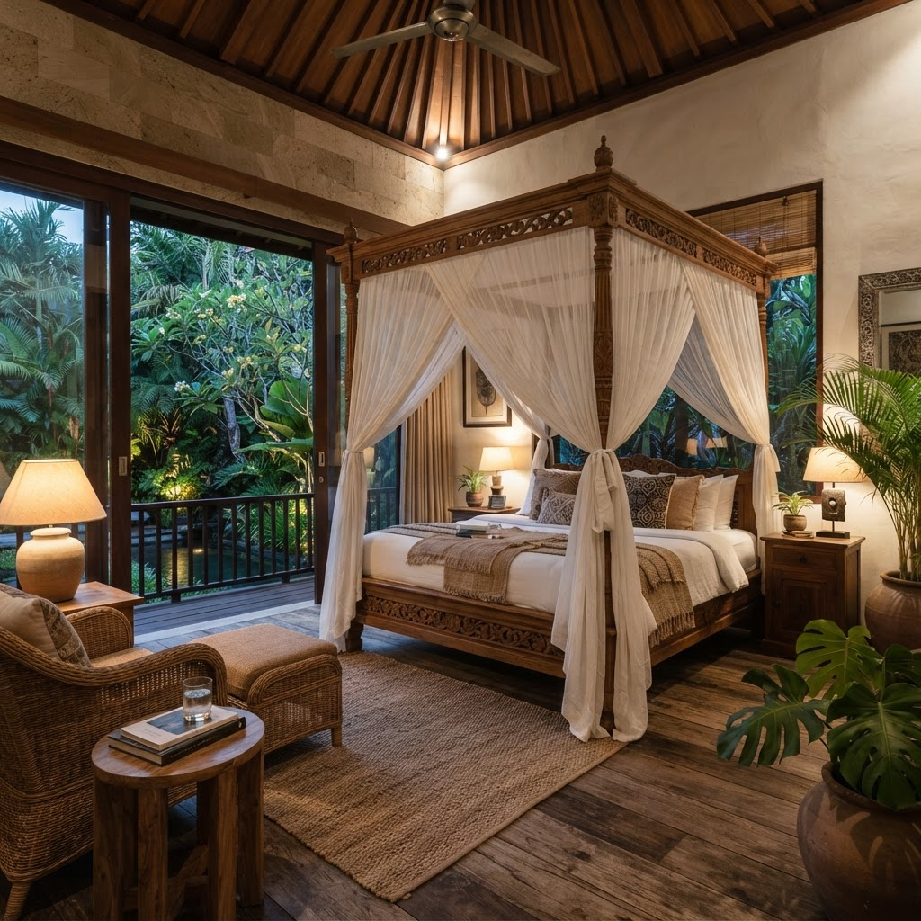 A bedroom with a four-poster bed draped in white linen