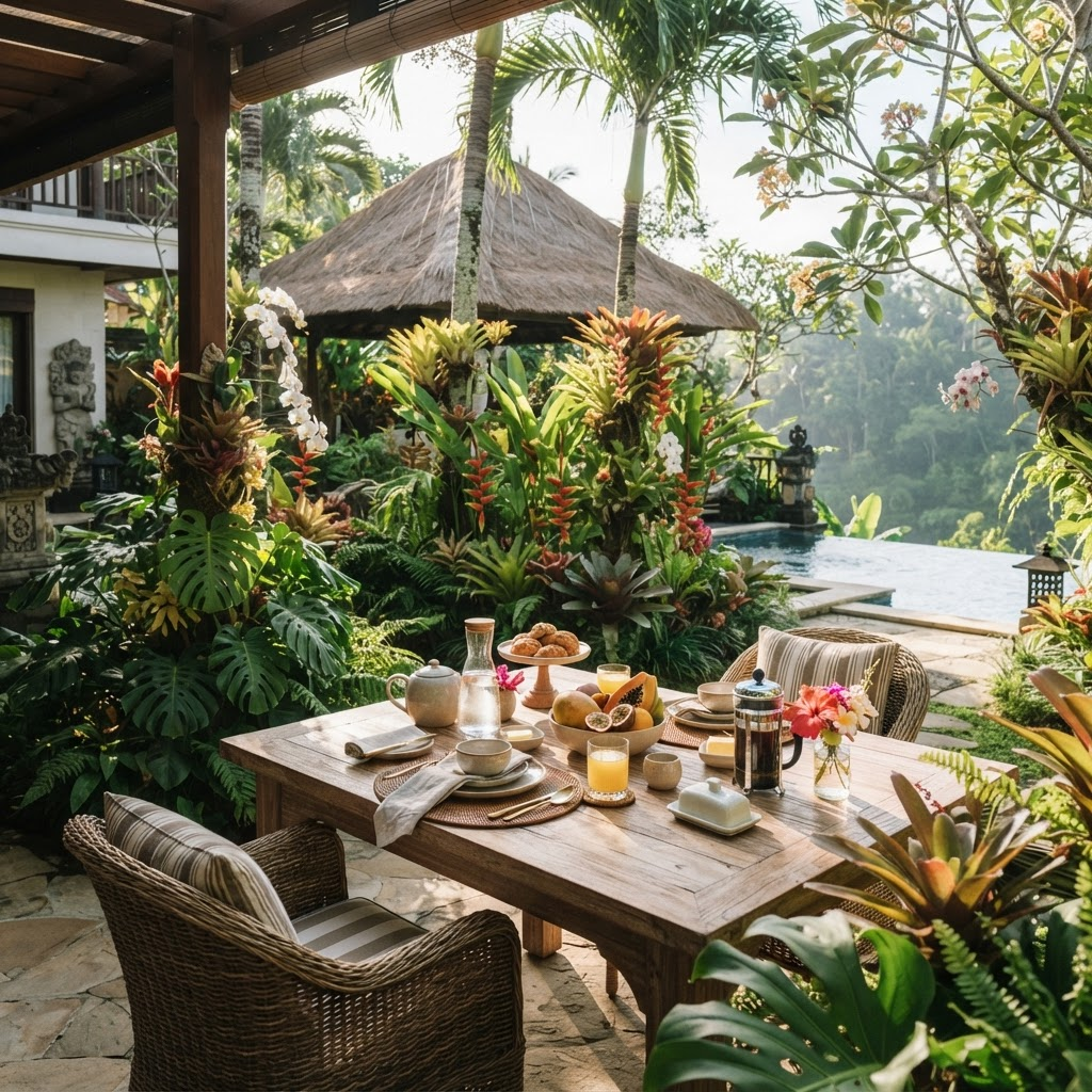 An outdoor garden dining terrace set for breakfast