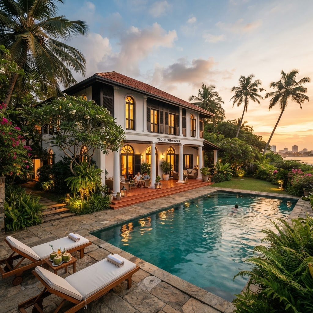 Exterior of 19 St. Stephen's Villa with its swimming pool at golden hour