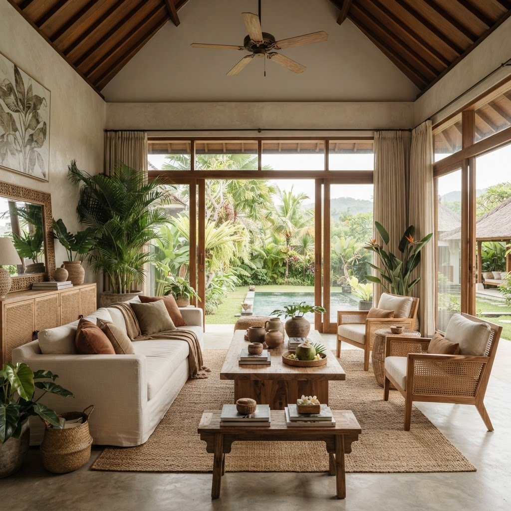 Airy living room of the villa with teak furniture and tropical plants