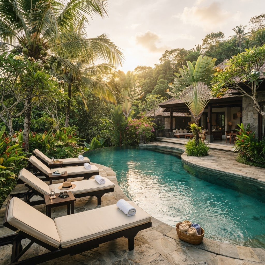 The villa swimming pool surrounded by palm trees